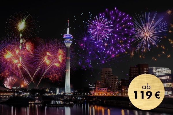 Feuerwerk über der Düsseldorfer Skyline, inklusive des Fernsehturms, ab 119 €.