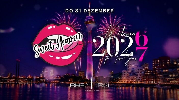 Feuerwerk über der Skyline einer Stadt mit den Schriftzügen „Sweet Heaven“ und „2027“ zur Neujahrsfeier