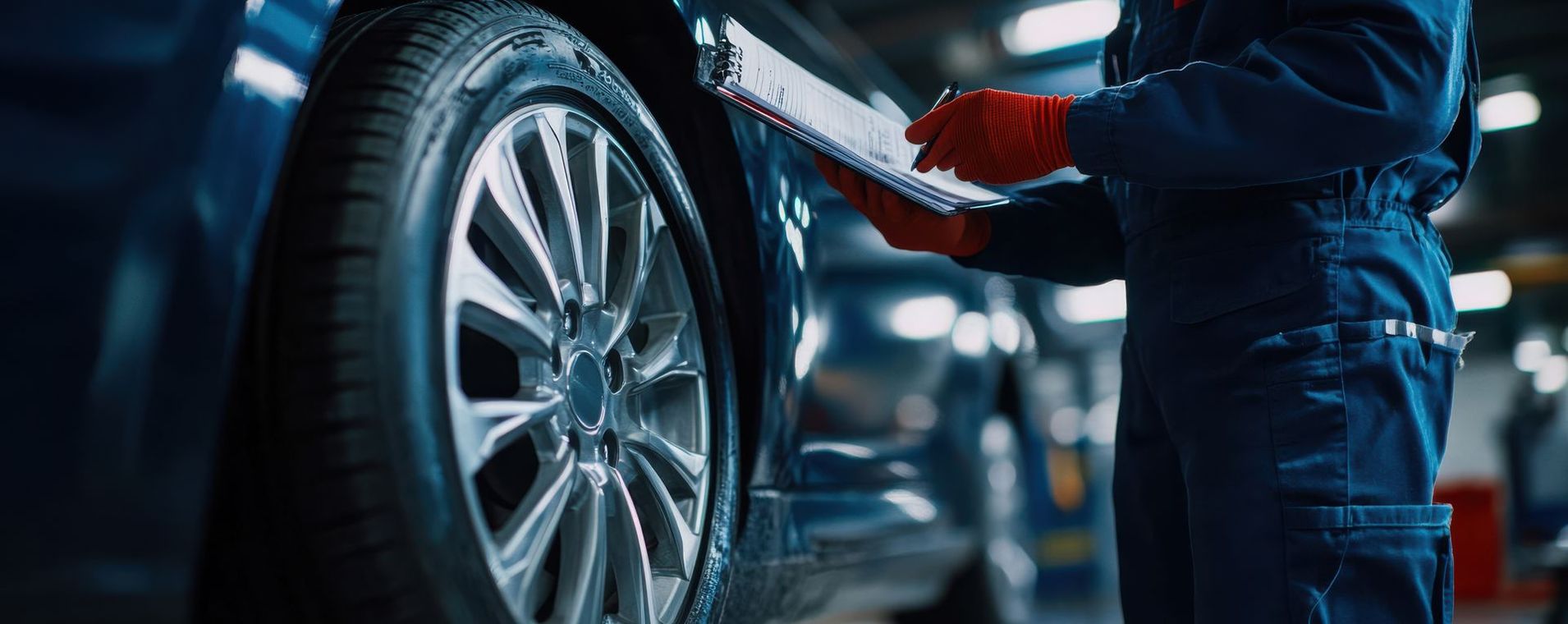 Une roue de voiture et un mécanicien.