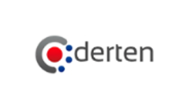 El logotipo de la empresa Derten consta de una letra C gris, un círculo rojo, dos puntos azules y la palabra
