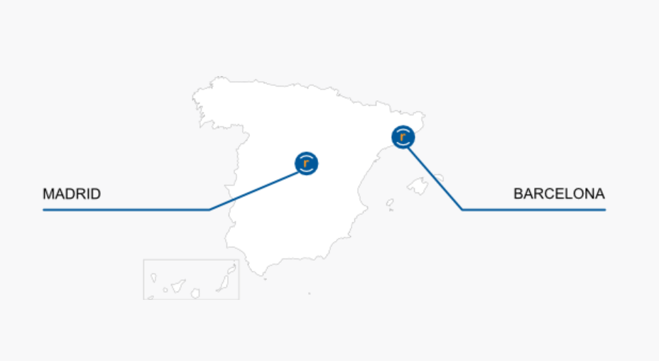Mapa de España con marcadores azules que señalan Madrid y Barcelona.