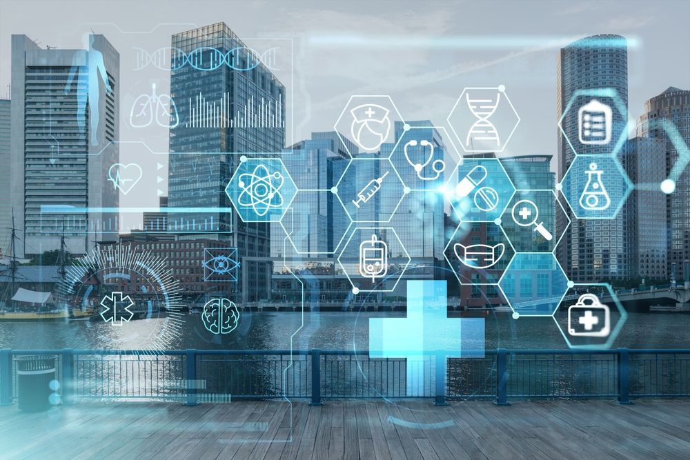 Horizonte urbano futurista con iconos azules de atención médica digital y una superposición de una cruz médica brillante.
