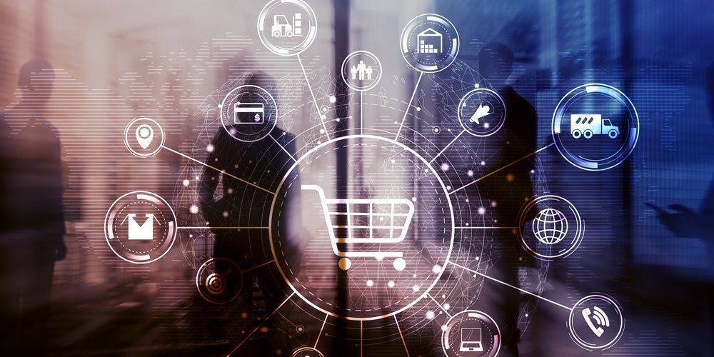 Un icono de carrito de compra digital centrado, con líneas radiales que lo conectan con varios iconos de negocios y logística.