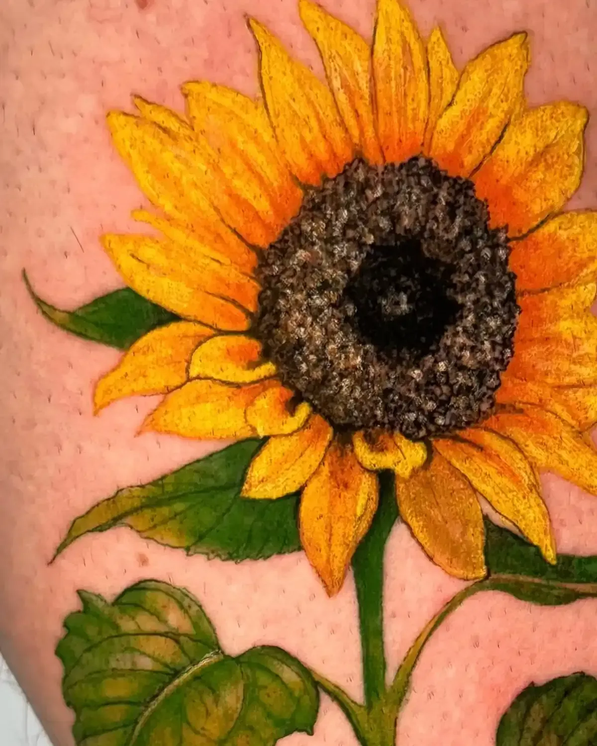 Tatuaje de girasol, pétalos amarillos, centro oscuro, tallo y hojas verdes en la piel.