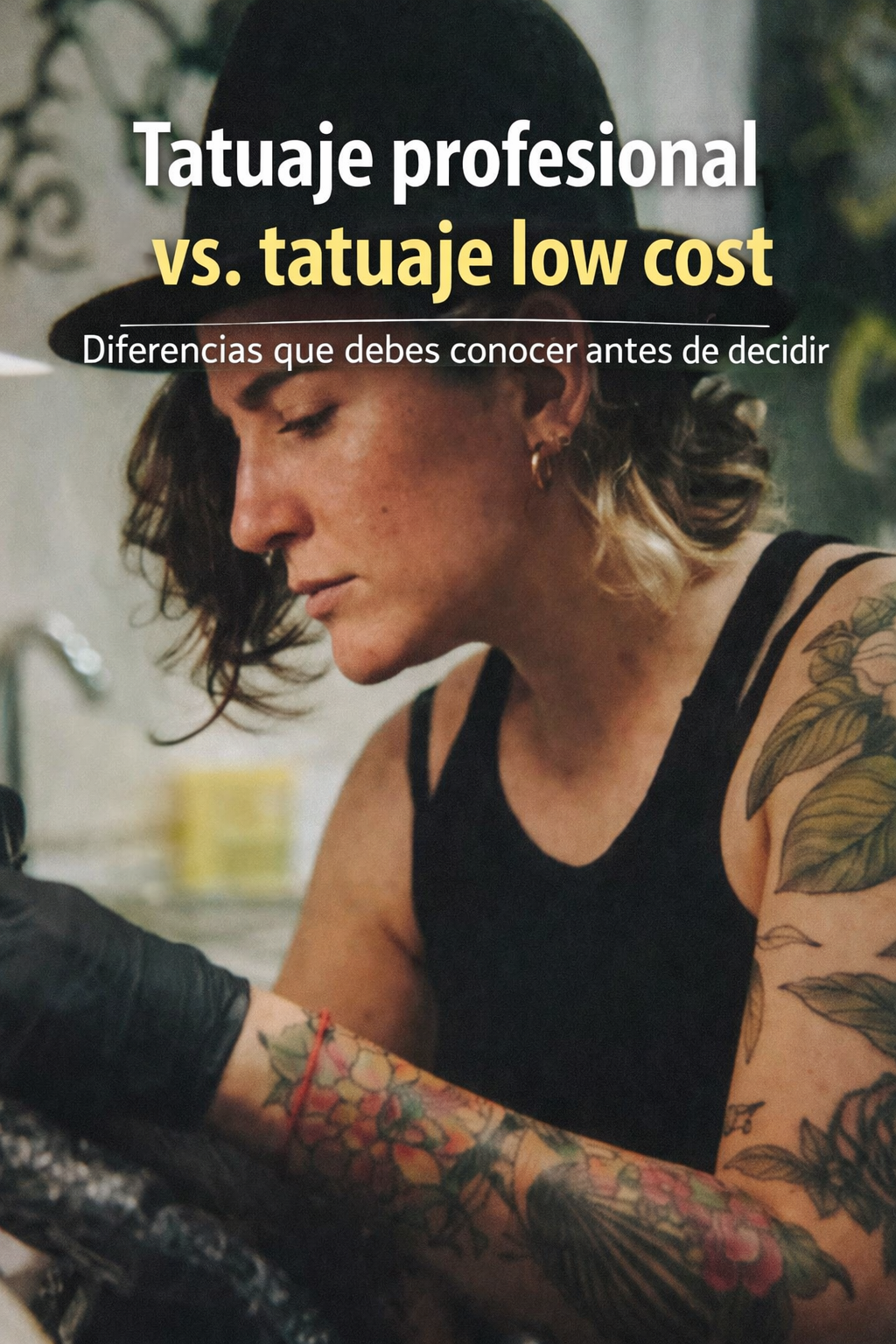 Tatuaje de una mujer diabólica dentro de una telaraña, sosteniendo una calavera. Cuernos rojos y parte superior naranja.