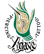 Logotipo para Agave: mano verde y marr&oacute;n sosteniendo una aguja para perforar, texto "Piercing. Tatuaje"