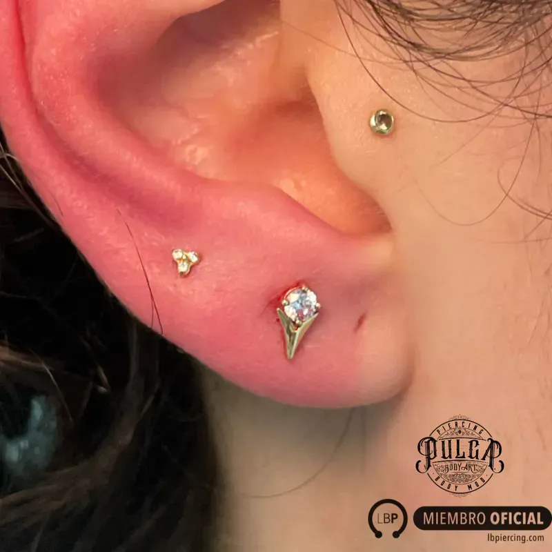 Primer plano de una oreja con tres piercings de oro: un piercing pequeño, uno con piedra preciosa.