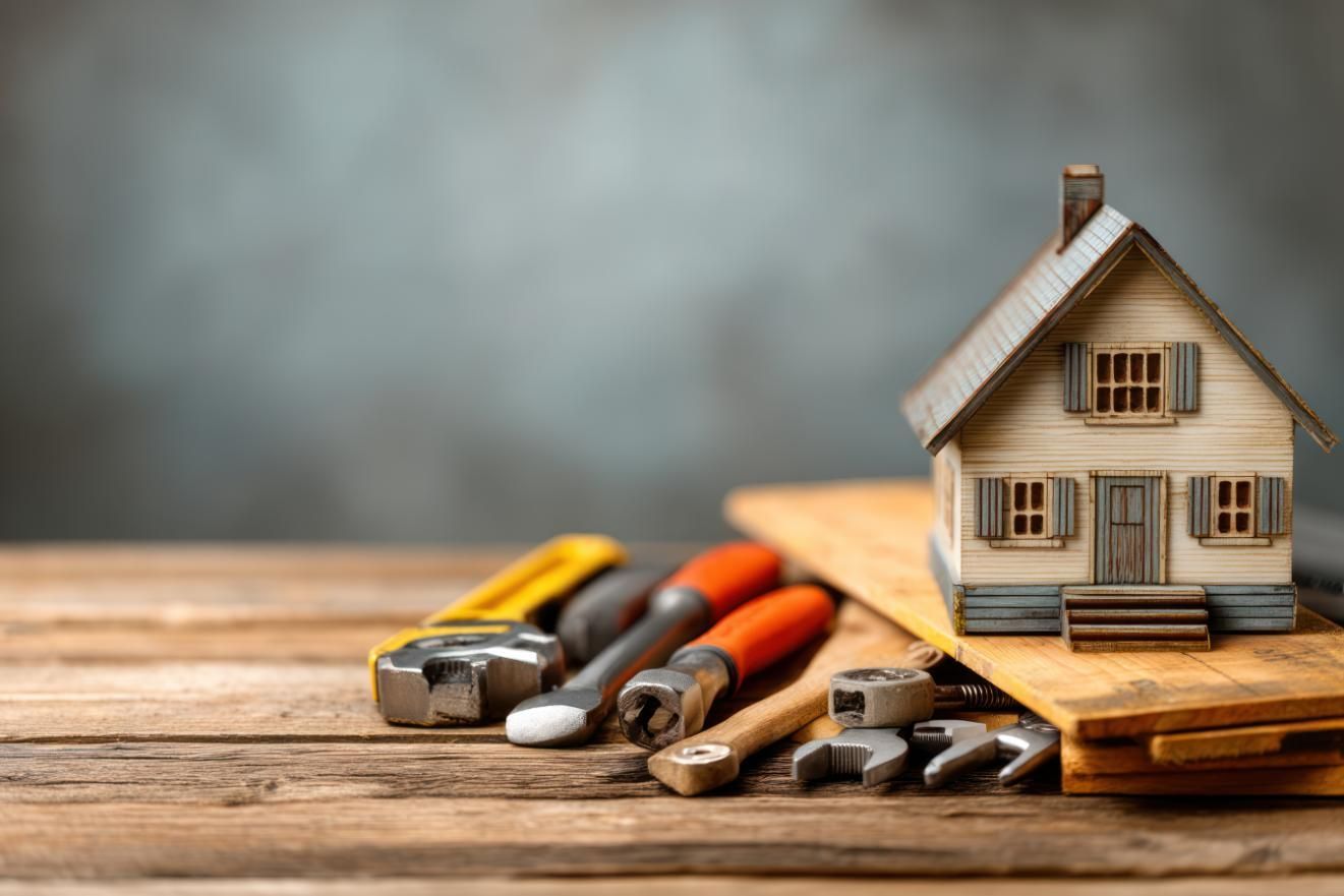 Casa en miniatura con herramientas, incluida una llave inglesa y un martillo,