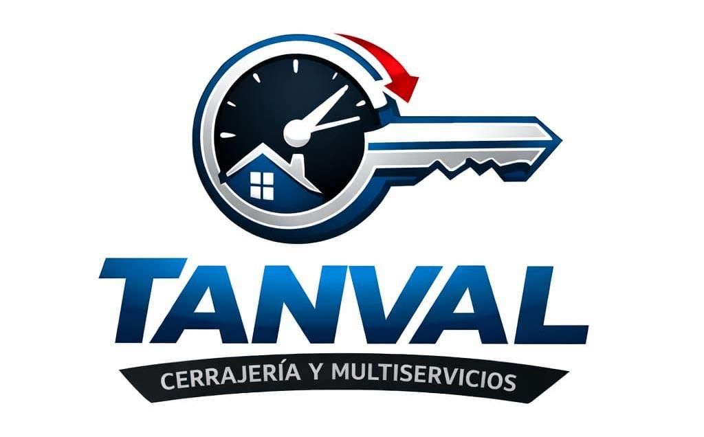 Logotipo para Tanval: una llave con forma de reloj, el icono de una casa y el texto "TANVAL CERRAJERÍA Y MULTISERVICIOS".