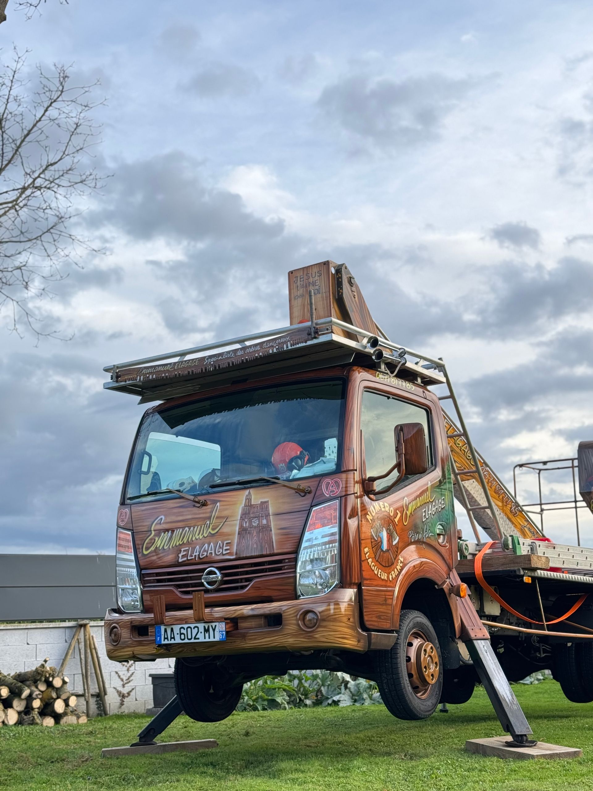Camion marron avec une grue et des planches de bois, garé à l'extérieur sur l'herbe, ciel nuageux.