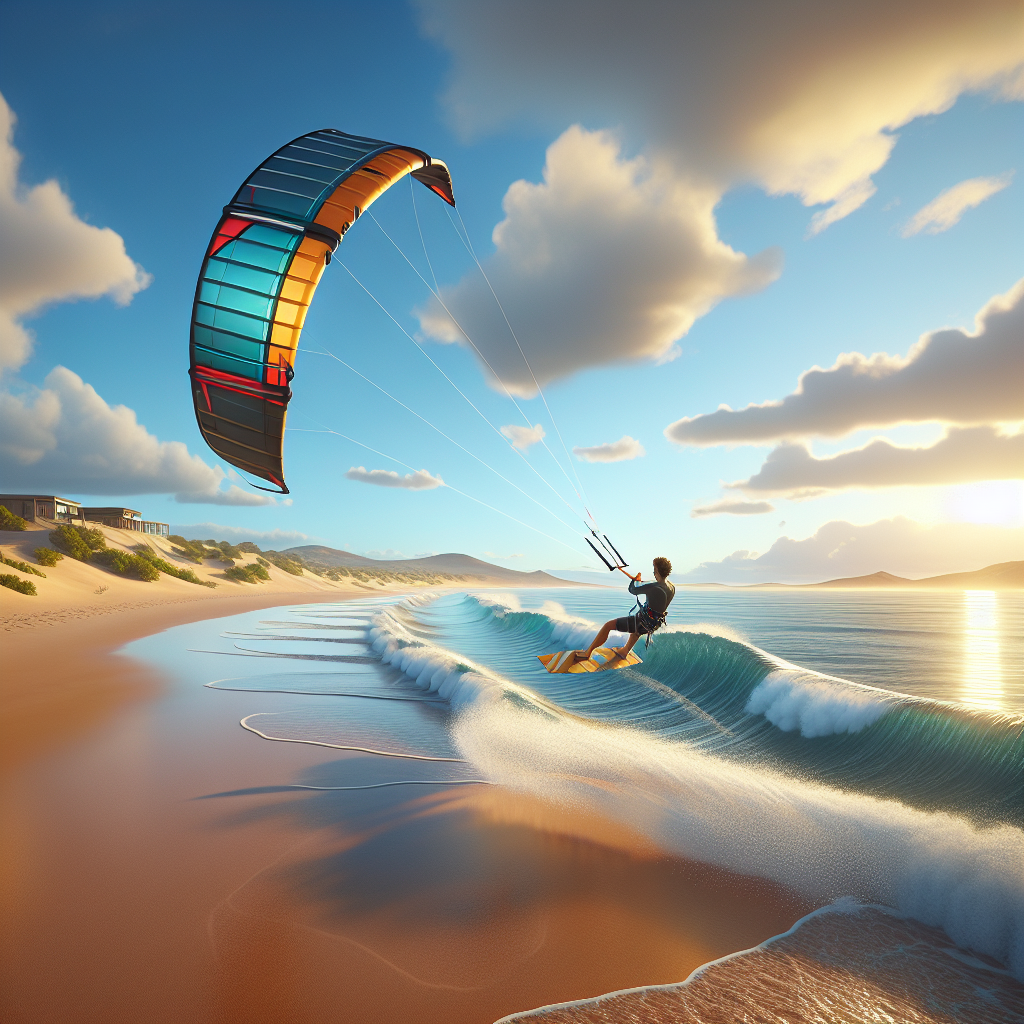 Kite surfista en una ola cerca de una playa con una cometa colorida bajo un cielo azul.