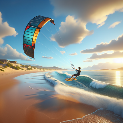 Kite surfista en una ola cerca de una playa con una cometa colorida bajo un cielo azul.