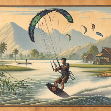 Kitesurfista en el agua con una cometa colorida, montañas y paisaje tropical.