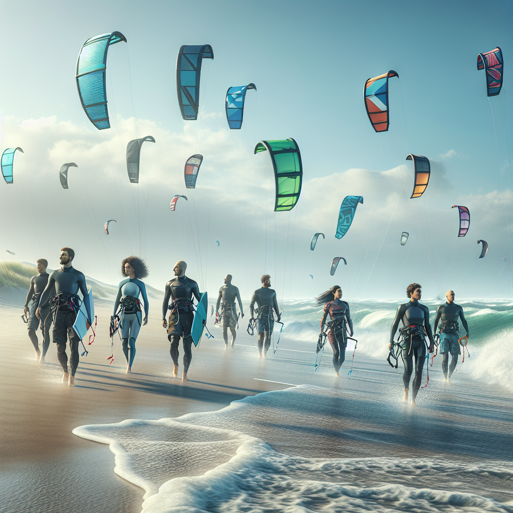 La gente con tablas de surf camina por una playa con cometas de colores en el aire.