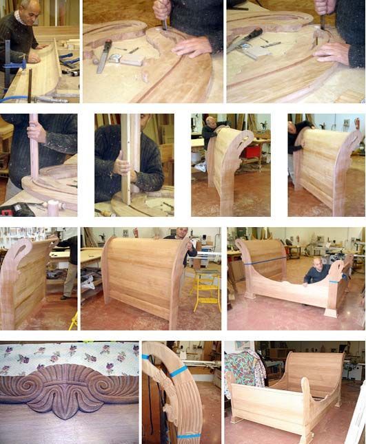 Un collage de fotografías de una cama de madera en proceso de fabricación.