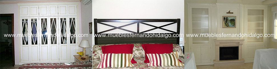 Tres fotografías de un dormitorio con cama y chimenea.