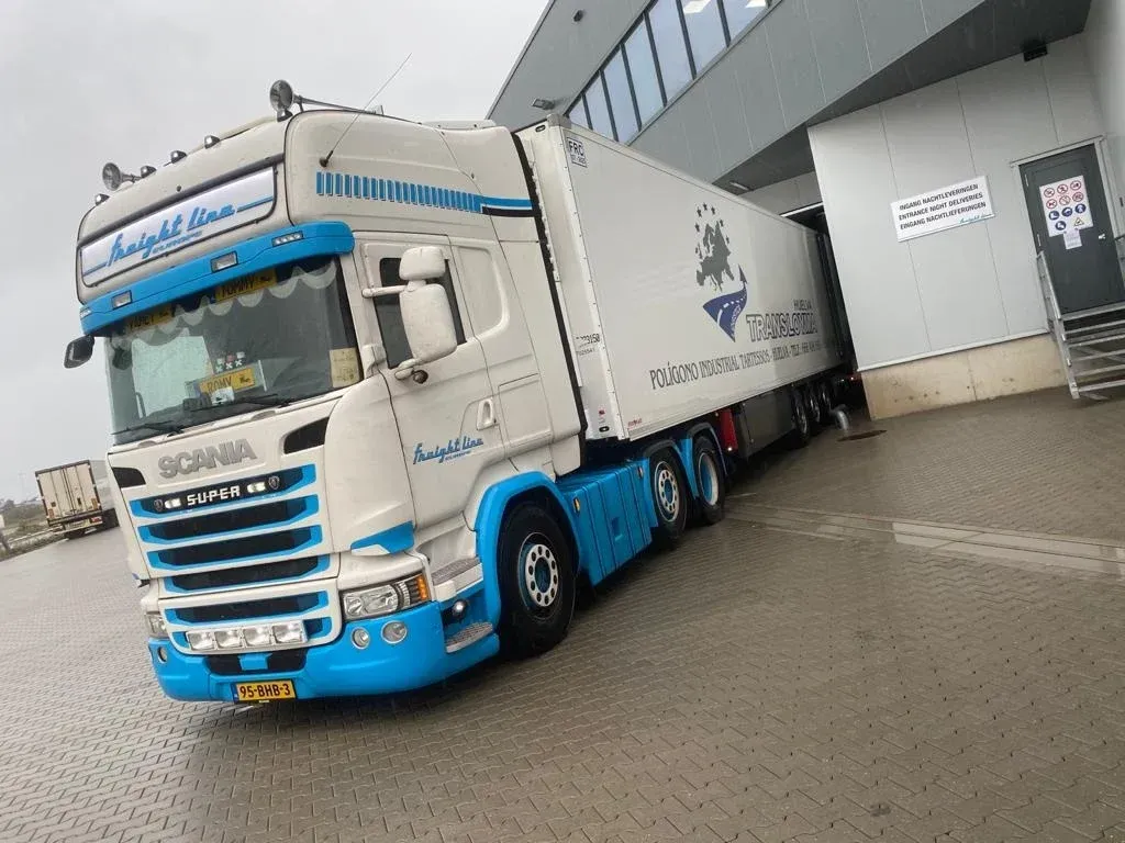 Puesto de frutas repleto de naranjas, granadas, mangos y otros productos bajo un toldo estampado.