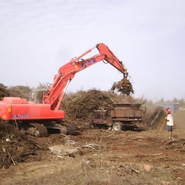 Una excavadora roja está cargando ramas en un contenedor de basura.
