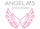 Logotipo de "Angela's Style Room": texto gris sobre una ilustración de alas de ángel rosas.