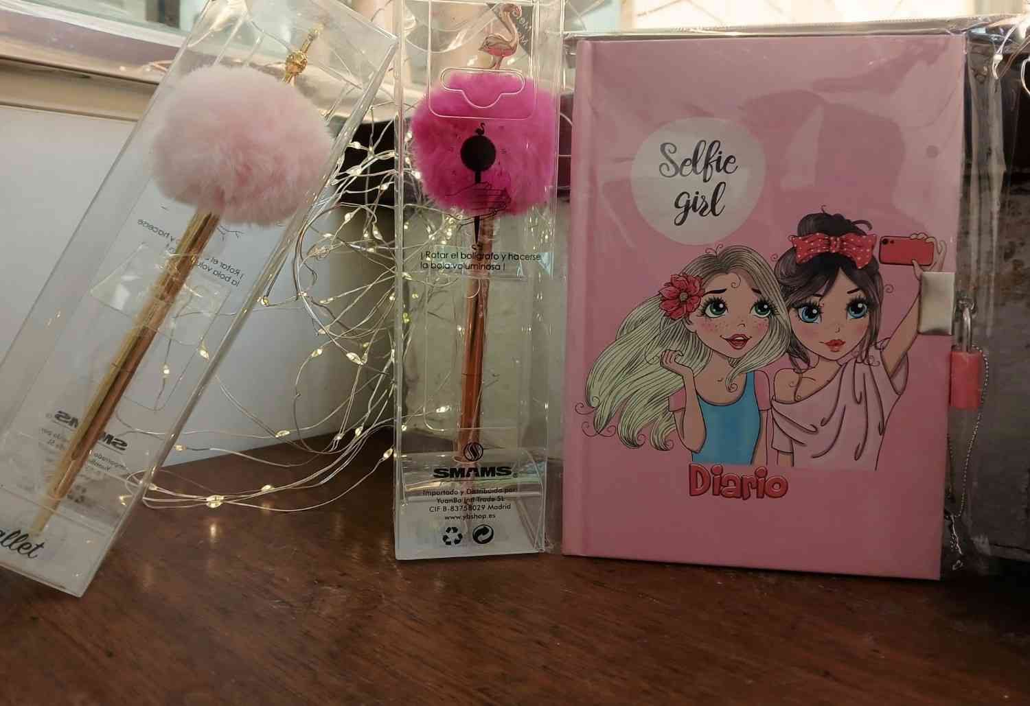 Bolígrafo rosa, diario con el dibujo de 