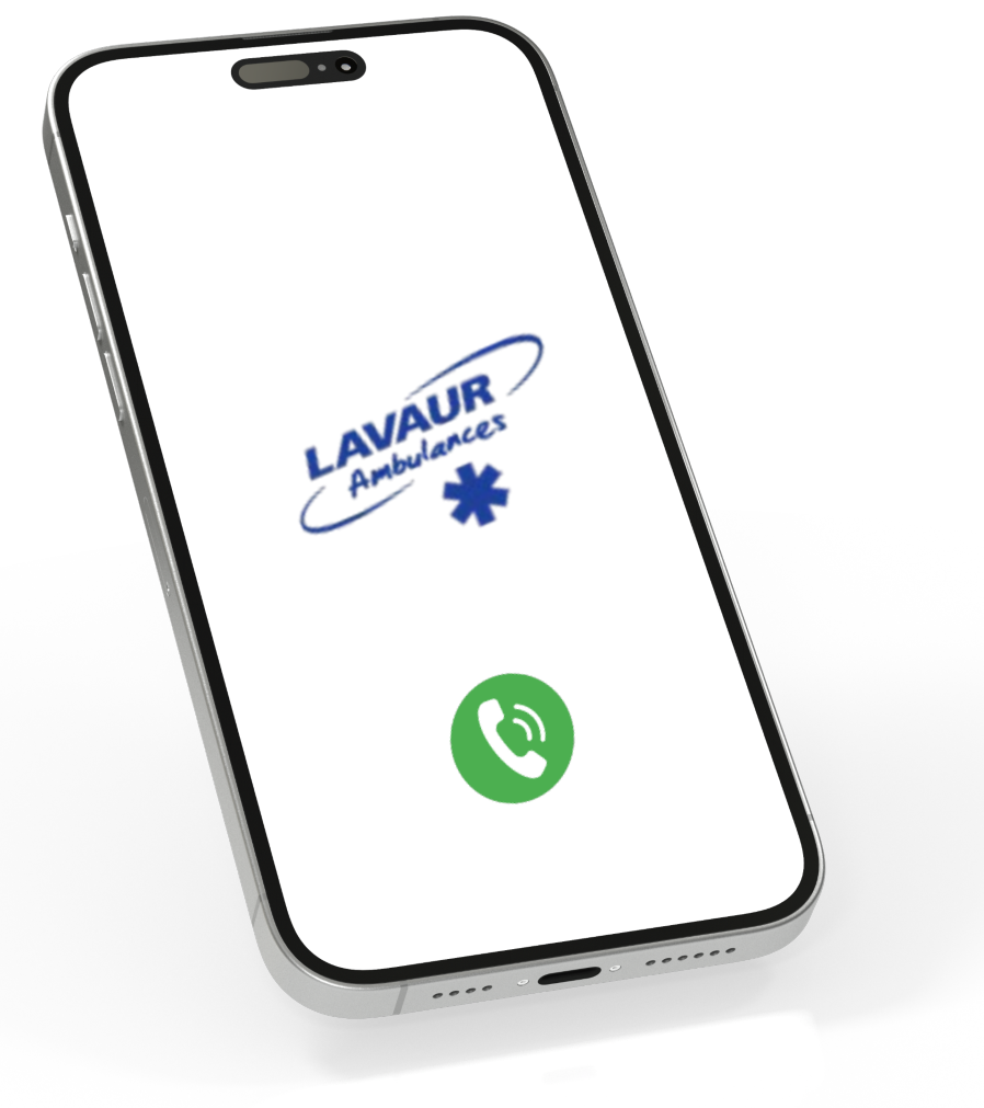 Écran de smartphone affichant le logo de l'entreprise LAVAUR Ambulances.