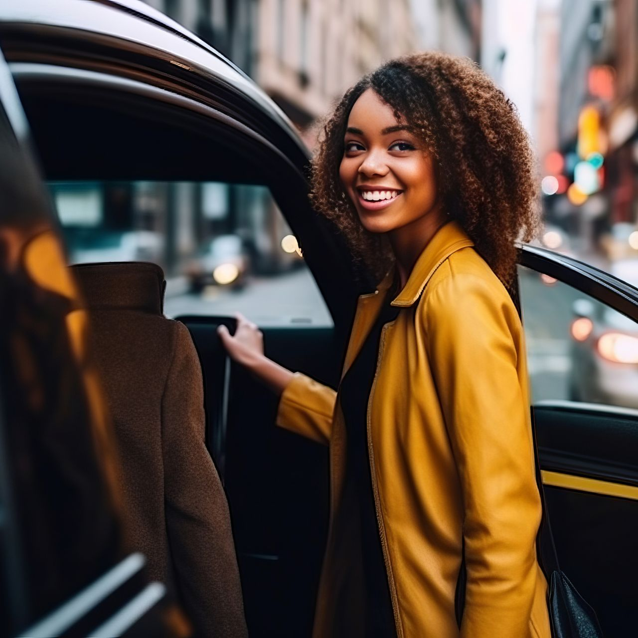 Femme sortant d'une voiture, souriante ; vêtue d'un manteau jaune ; arrière-plan d'une rue de ville.
