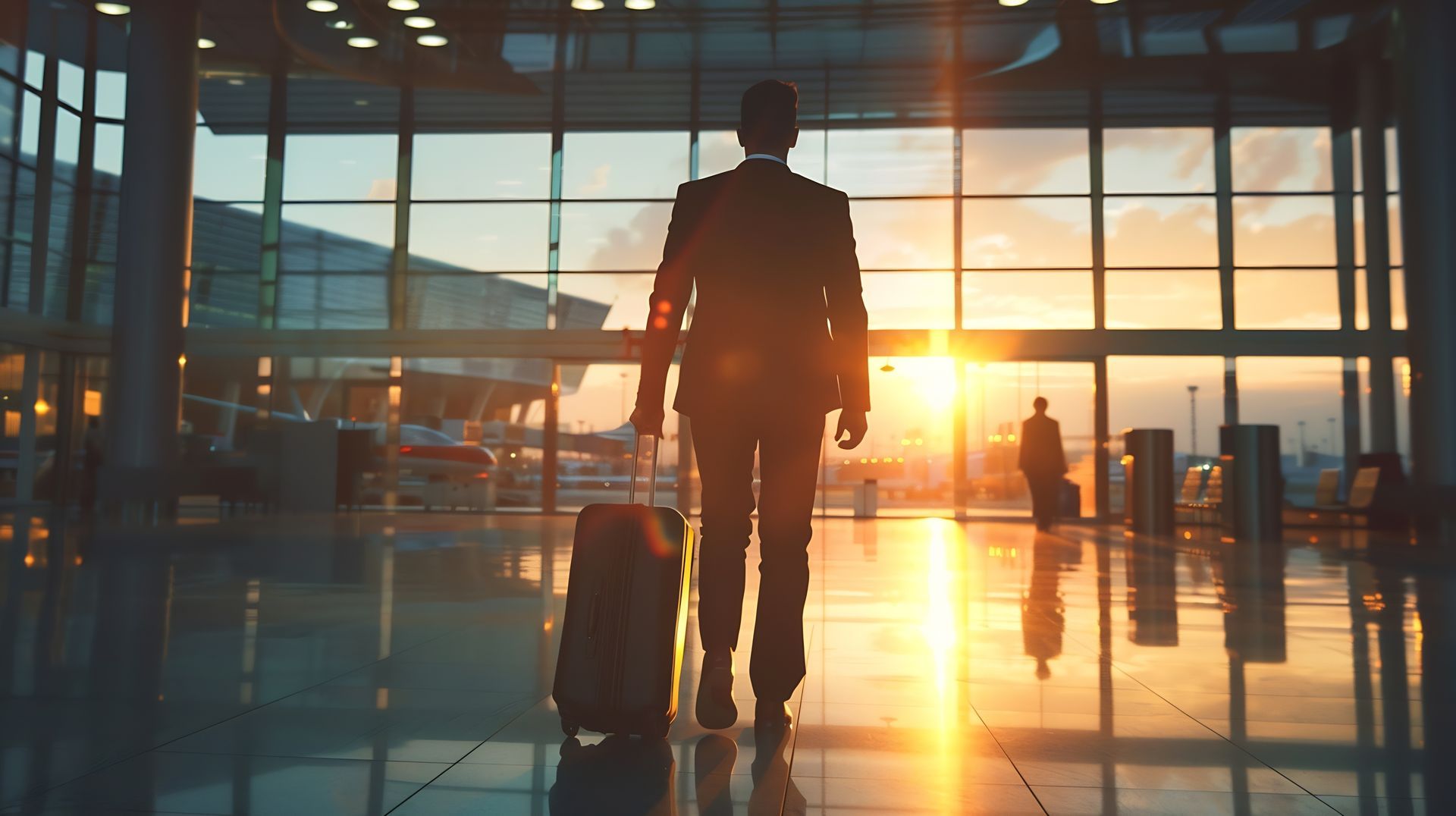 Silhouette d'une personne en costume tirant des bagages, traversant un aéroport au coucher du soleil.