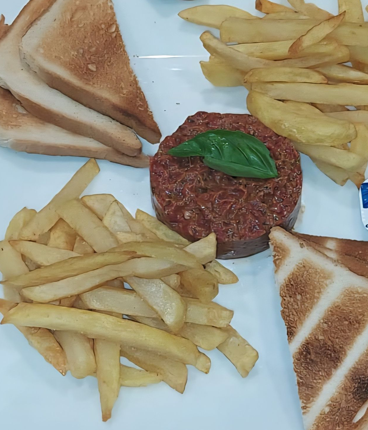 Steak tartare avec frites et toast sur une assiette blanche. Une main tient l'assiette.