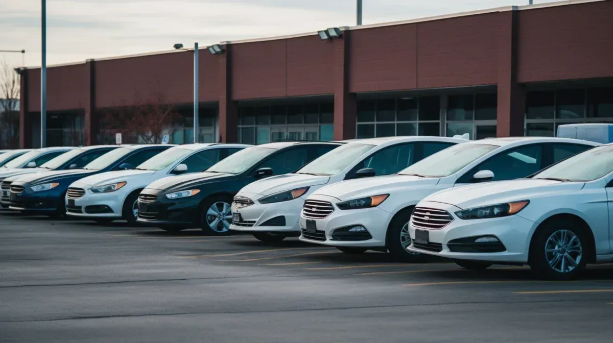 Coches aparcados en fila frente a un edificio. La mayoría son blancos, con algunos otros de colores más oscuros.