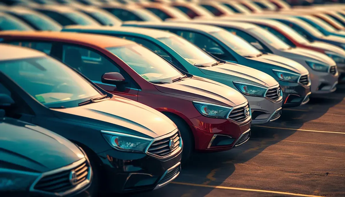 Coches aparcados en fila, de colores variados, en un aparcamiento al aire libre.