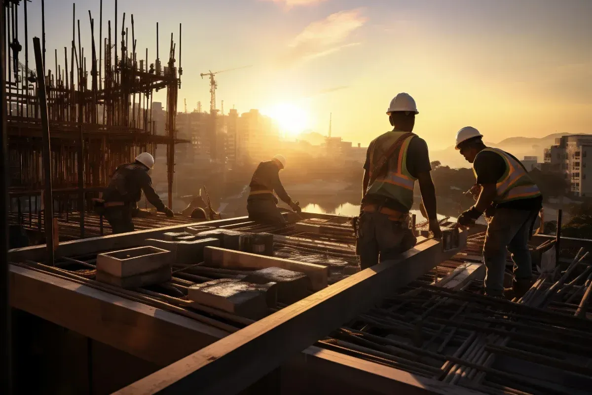 Obreros de la construcción en una obra al amanecer, con chalecos y cascos de seguridad, trabajando con materiales.