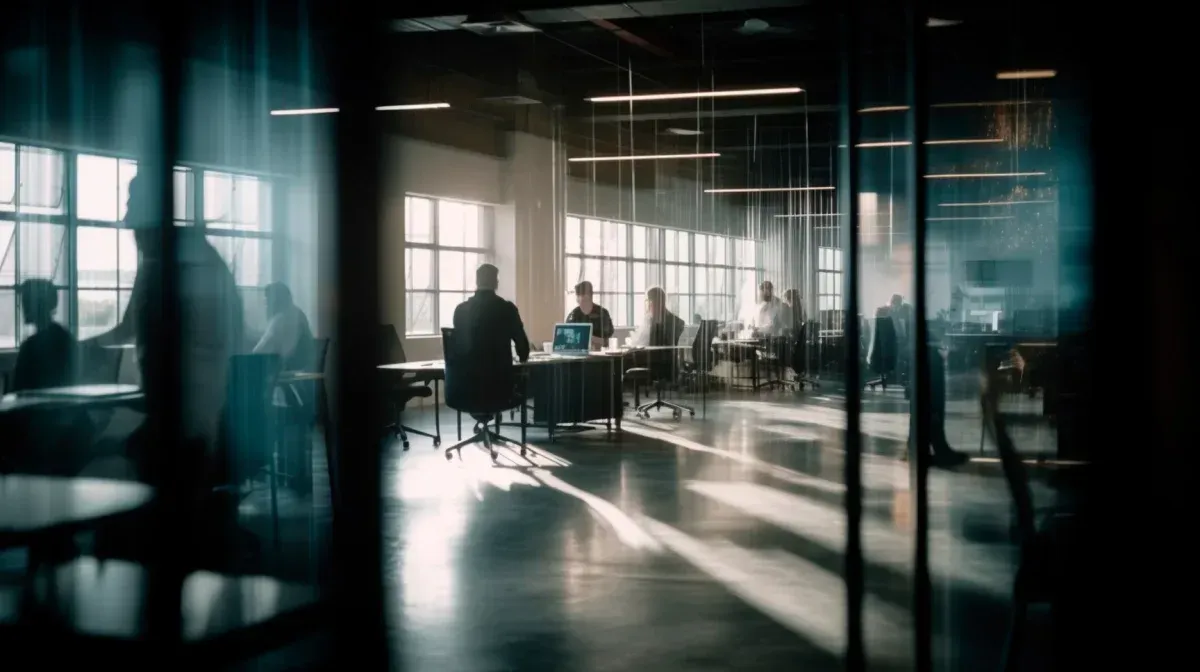 Un espacio de oficina con paredes de cristal. Varias personas trabajan en sus escritorios, iluminados por luz natural.