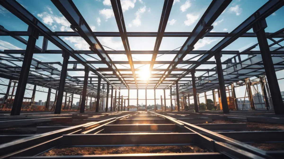 Vigas de acero de un edificio en construcción con el sol brillando al fondo.