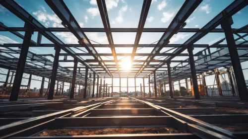 Vigas de acero de un edificio en construcción con el sol brillando al fondo.