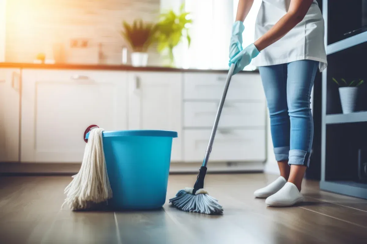 Persona fregando un suelo de madera clara en una cocina, junto a un cubo azul y una fregona. Luz natural brillante.