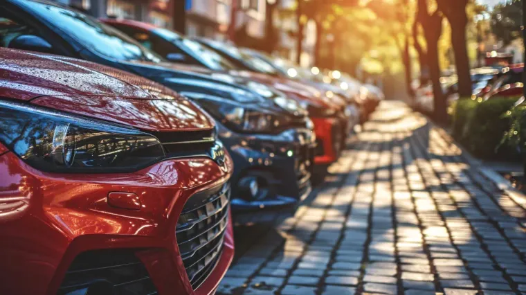 Fila de coches aparcados en una calle adoquinada, iluminada por la luz del sol. Coche rojo en primer plano.