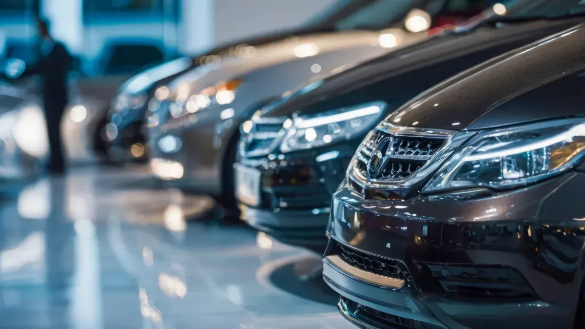 Coches en una exposición, plateados y oscuros, iluminados con luces brillantes. Una persona aparece desenfocada al fondo.