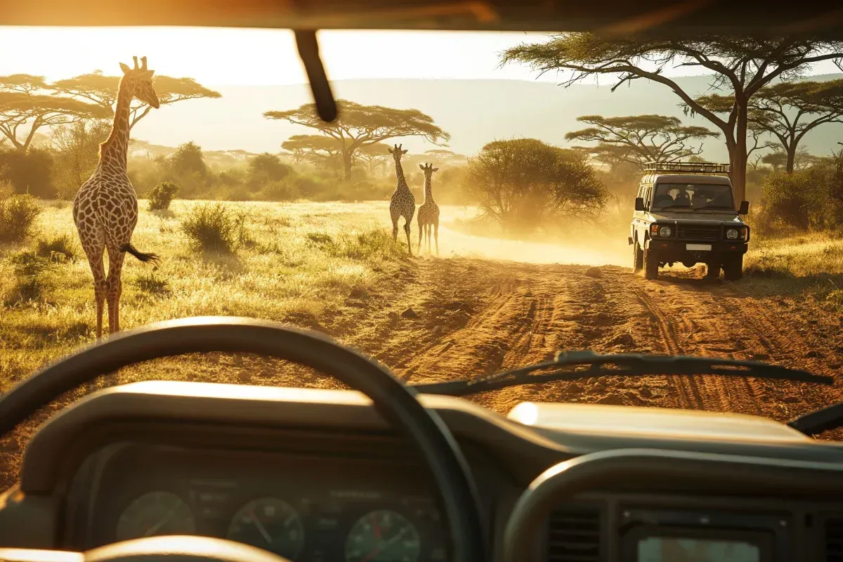 Vehículo de safari en un camino polvoriento, visto desde el interior, con jirafas y un amanecer al fondo.
