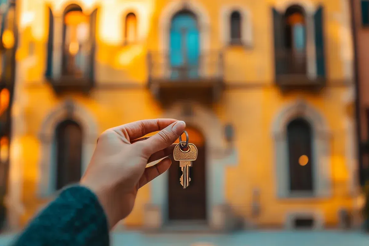 Mano sosteniendo llaves frente a un edificio amarillo con ventanas arqueadas y un balcón.