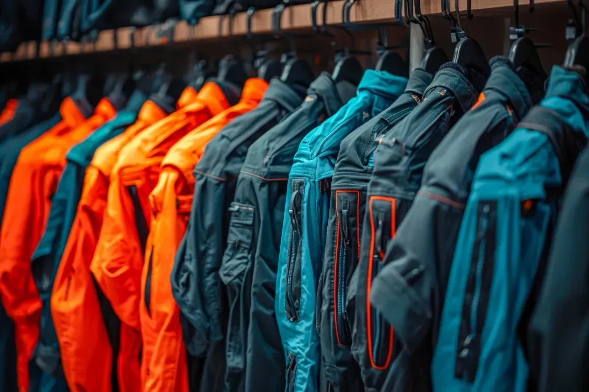 Una hilera de chaquetas de trabajo, en naranja, azul marino y azul, colgadas en un perchero.