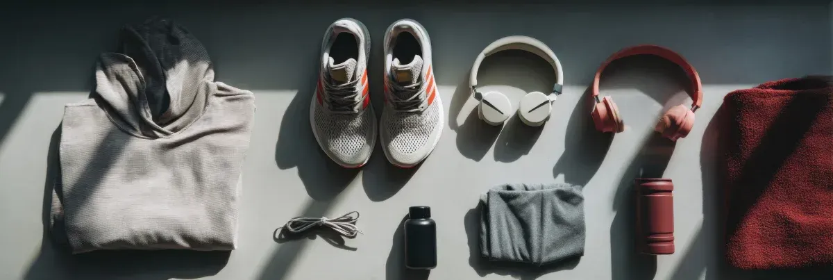 Ropa deportiva preparada: sudadera con capucha, zapatillas, auriculares, botella, bolsa. Fondo neutro, iluminación suave.