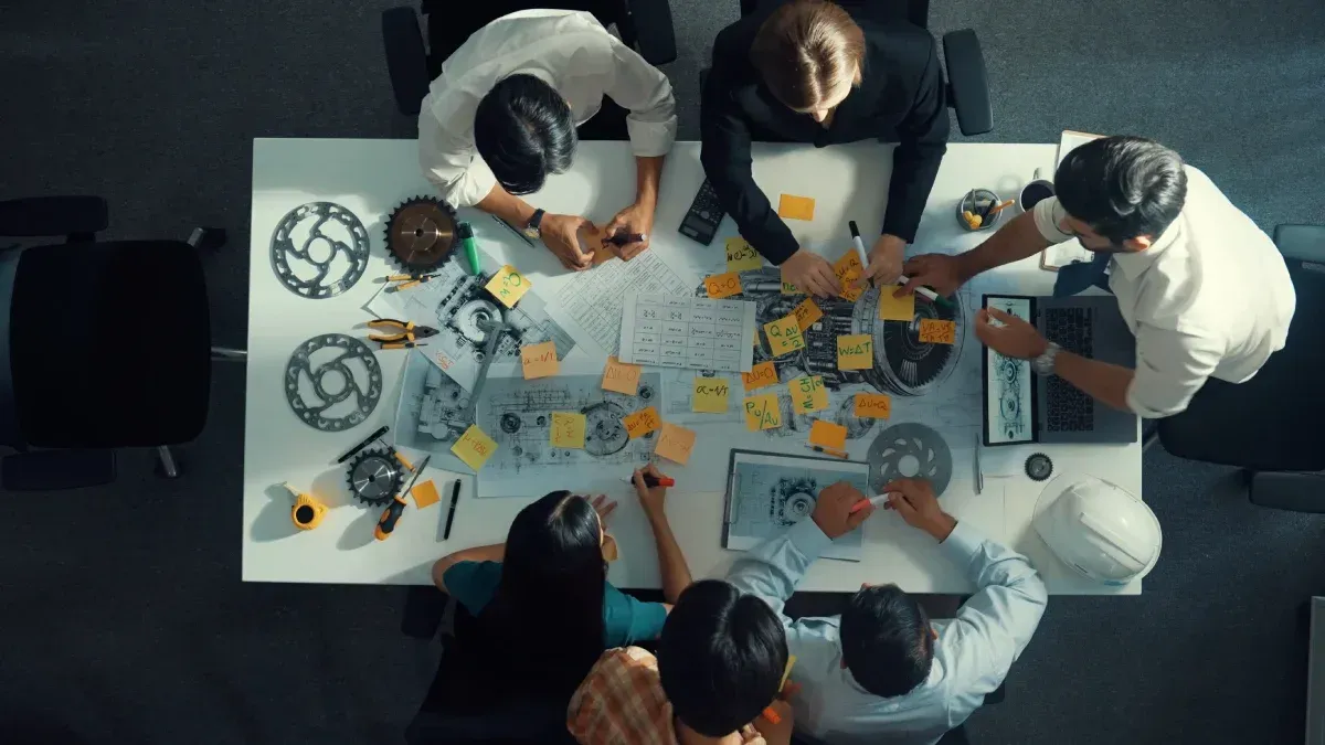 Las personas colaboran alrededor de una mesa cubierta de papeles, notas adhesivas y componentes mecánicos.