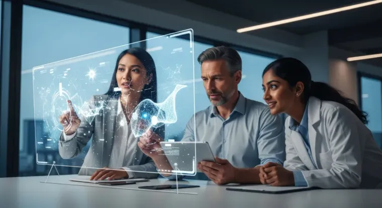 Tres personas revisan una pantalla holográfica en una oficina moderna; una de ellas señala los datos.