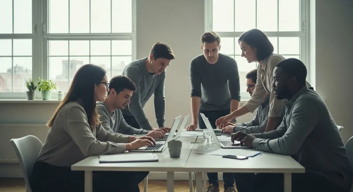 Grupo de personas colaborando alrededor de una mesa con ordenadores portátiles, iluminados por la luz de una ventana.