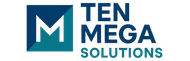 Logotipo para Ten Mega Solutions: un cuadrado azul y verde azulado con una "M" blanca y el texto "TEN MEGA SOLUTIONS".