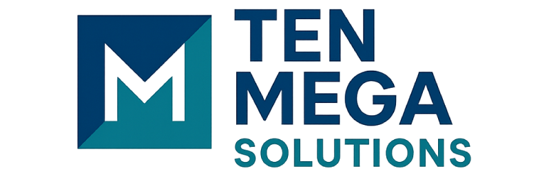 Logotipo para Ten Mega Solutions: un cuadrado azul y verde azulado con una "M" blanca y el texto "TEN MEGA SOLUTIONS".