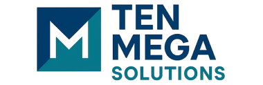 Logotipo para Ten Mega Solutions: un cuadrado azul y verde azulado con una "M" blanca y el texto "TEN MEGA SOLUTIONS".