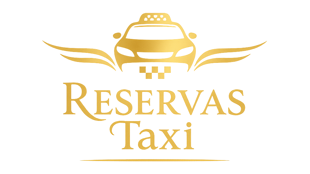 Logotipo de taxi dorado con alas sobre el autom&oacute;vil y texto "Reservas Taxi" debajo.
