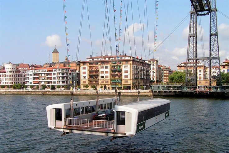 Vagón transbordador suspendido sobre el río; conecta edificios. Estructura de acero al fondo, edificios a orillas del río.