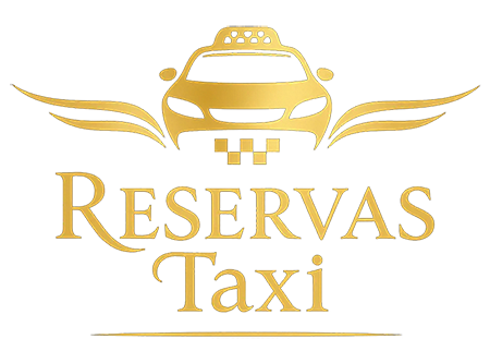 Logotipo de taxi dorado con alas sobre el autom&oacute;vil y texto "Reservas Taxi" debajo.